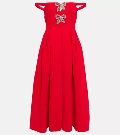 Embellished Off Shoulder Midi Dress in Red - Self Portrait | Mytheresa