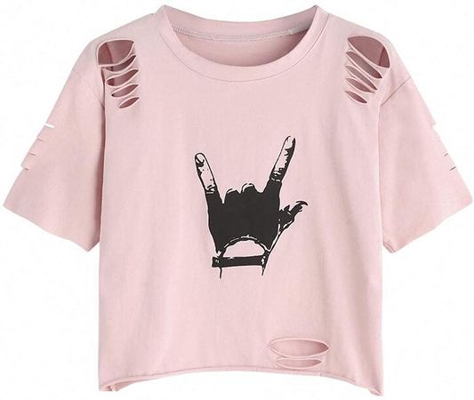 SweatyRocks Women's Short Sleeve T Shirt Graphic Print Distressed Crop Top Gesture Light Pink Small at Amazon Women’s Clothing store