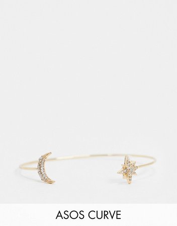 ASOS DESIGN Curve cuff bracelet with crystal moon and star ends in gold tone | ASOS