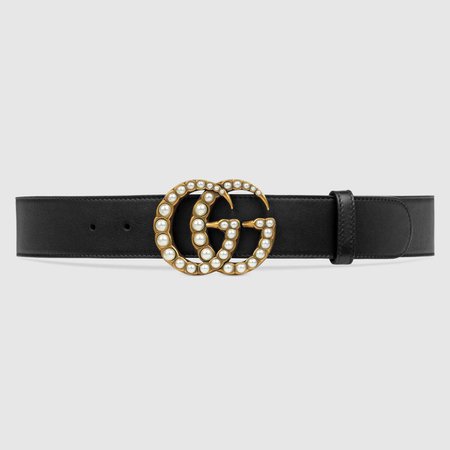 Black Leather Belt With Pearl Double G | GUCCI® US