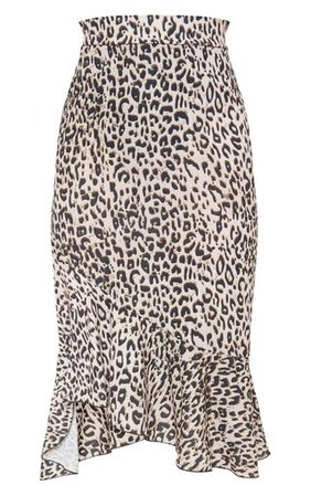 Petite Tan Leopard Ruffle Detail Midi Skirt | PrettyLittleThing