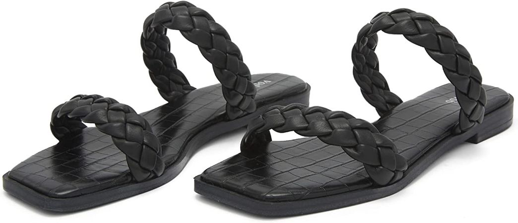 Amazon.com | vodvob Women's Square Open Toe Flat Sandals Braided Strap Slip-on Slides Woven Sandals | Slides