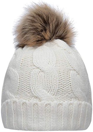 Winter Ribbed Knit Faux Fur Pompom Chunky Lined Beanie Hat