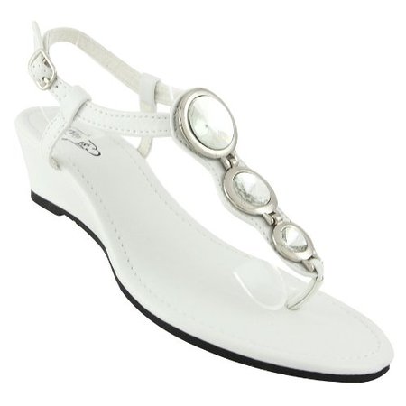 Karyn's Women Sandals Wedge Heel T-Strap Thongs Dressy Flip Flops Ankle Buckle White