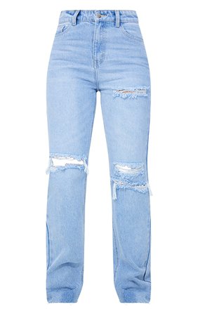 PRETTYLITTLETHING Light Blue Wash Distressed Long Leg Straight Jeans | PrettyLittleThing USA