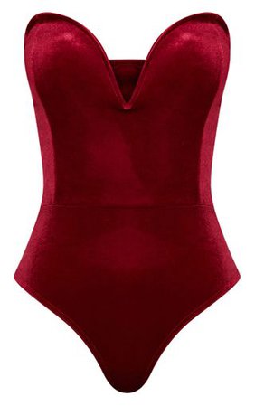 Burgundy Velvet Deep Plunge Bodysuit | Tops | PrettyLittleThing