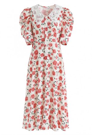 Rose Print Puff Sleeves Button Down Dress - NEW ARRIVALS - Retro, Indie and Unique Fashion