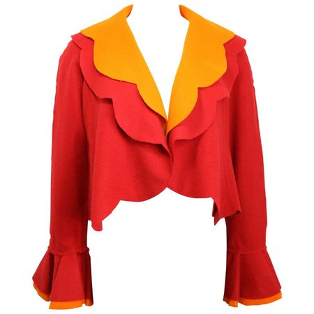 90s Moschino Couture Red and Orange Wool Cropped Ruffle Jacket For Sale at 1stDibs