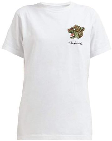 Leopard Embroidered Cotton T Shirt - Womens - White