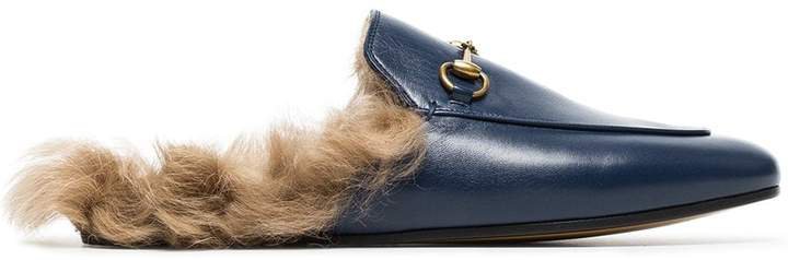 blue princetown shearling lined leather backless loafers