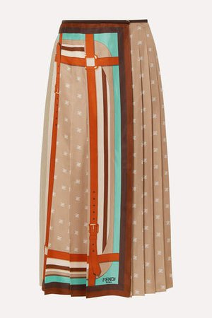 Crochet-paneled Pleated Printed Silk-satin Wrap Skirt - Beige