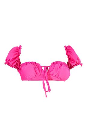Hot Pink Puff Ruched Sleeve Bikini Top | PrettyLittleThing USA