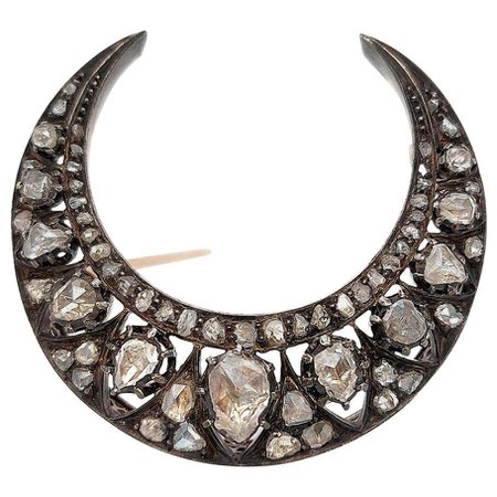 19th Century Crescent Silver and Gold Moon Brooch with Rose Cut Diamonds For Sale at 1stDibs