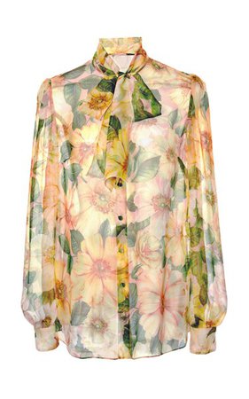 Camellia-Print Silk Tie-Neck Top By Dolce & Gabbana | Moda Operandi