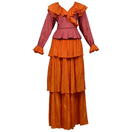 Vintage Yves Saint Laurent Orange and Pink Paisley Peasant Skirt Ensemble 1970s For Sale at 1stDibs