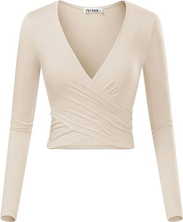 VETIOR Womens Long Sleeve Going Out Tops Trendy Wrap Shirts for Women Party Club Night X-Large Beige at Amazon Women’s Clothing store