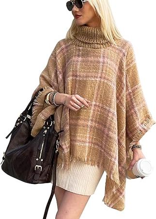 CATCHY & CRAFTY Poncho Knitted Cape Shawl Wrap Cardigan for Women Elegant Pullover Sweater Holiday Warm Gifts (Ivory Plaid Turtleneck) at Amazon Women’s Clothing store