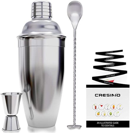 Amazon.com: Cresimo 24 Ounce Cocktail Shaker Bar Set with Accessories - Martini Kit with Measuring Jigger and Mixing Spoon plus Drink Recipes Booklet - Professional Stainless Steel Bar Tools - Built-in Bartender Strainer: Kitchen & Dining