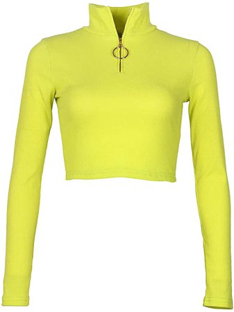 Artfish Women Long Sleeve Turtleneck Crop Top Quarter Zip Neon Sexy Fitted Shirts at Amazon Women’s Clothing store