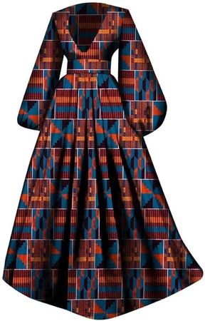 LONLISCO African Dresses for Women Deep V-Neck Loosely Sleeve Overall Slimming African Print for Daily Party at Amazon Women’s Clothing store