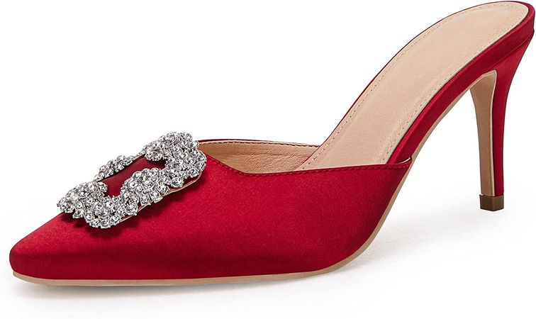 Amazon.com | Coutgo Womens Pointed Toe Mule Sandals with Rhinestone Stiletto High Heel Bridal Evening Party Wedding Satin Dress Shoes Wine Red | Shoes