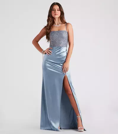 Lily Formal Sequin Satin Slit Long Dress | Windsor