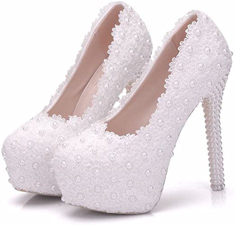 Crystal Queen White Lace Bridal Wedding Shoes Thin Heels Round Toe Platform Pumps White Lace Wedding Shoes High Heels Shoes | Pumps