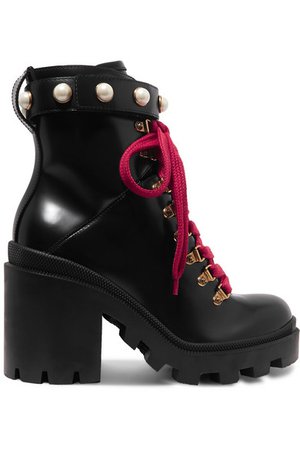 Gucci | Trip faux pearl-embellished leather ankle boots | NET-A-PORTER.COM