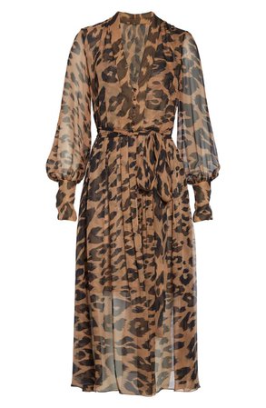 Oscar de la Renta Leopard Print Silk Long Sleeve Midi Dress | Nordstrom