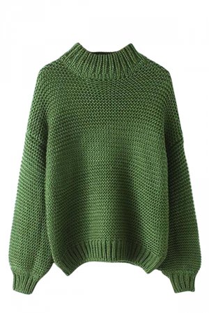 Womens Plain Stand Collar Coarse Wool Knitted Pullover Sweater Green - PINK QUEEN