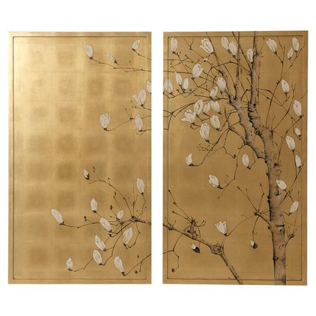 Theodore Alexander Spring Magnolias Hand Gilt Background Japanese Tree Painting