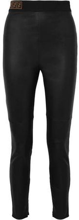 Intarsia-trimmed Leather Skinny Pants - Black