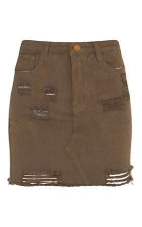 Khaki Distressed Rip Denim Mini Skirt | Denim | PrettyLittleThing