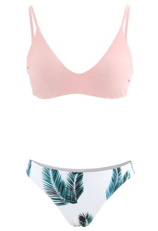 Adjustable Straps Leaf Print High-Cut Leg Bikini Set in Pink - Retro, Indie and Unique Fashion