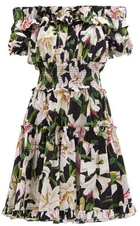 Ruffled Lily Print Cotton Poplin Bardot Dress - Womens - Black Print