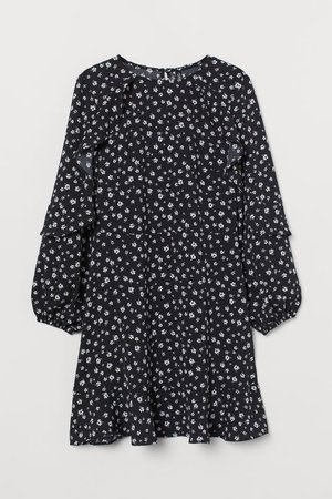 Flounce-trimmed Dress - Black/white floral - Ladies | H&M US