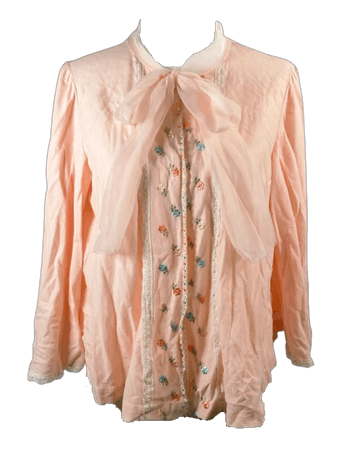 Vintage lightweight peach apricot bed jacket w/ floral embroidery & white lace, cozy 1950s 1960s sleepwear pajamas PJs lingerie loungewear