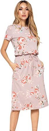 Womens Floral Short Sleeve Work Casual Midi Dress with Pockets White S at Amazon Women’s Clothing store
