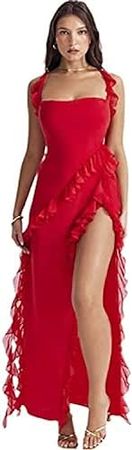 HASMI Women's Casual Dresses Sleeveless Ruffled Slit Maxi Dress Solid Color Spaghetti Strap Square Neck Dress at Amazon Women’s Clothing store