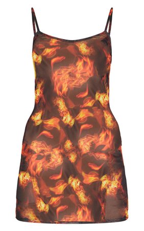 Black Fire Print Mesh Bodycon Dress | Dresses | PrettyLittleThing