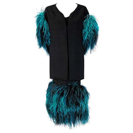 1950's Irene Lentz Black Silk & Turquoise Ostrich-Feathers Cocktail Dress Set