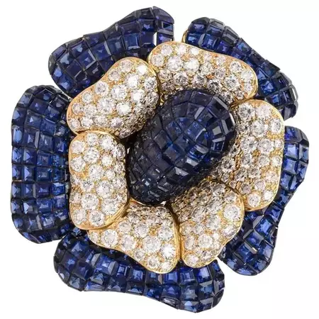 Sabbadini Large Mystery Set Sapphire Diamond Flower Brooch Pin For Sale at 1stDibs