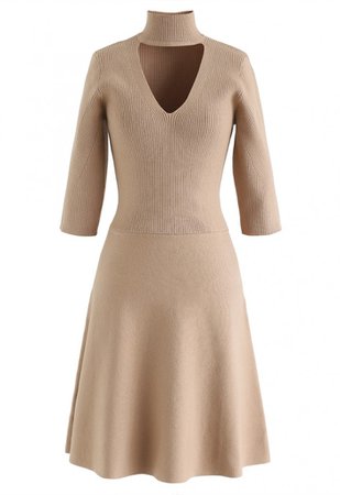 V-Shape Cutout Ribbed Knit Midi Dress in Tan - NEW ARRIVALS - Retro, Indie and Unique Fashion