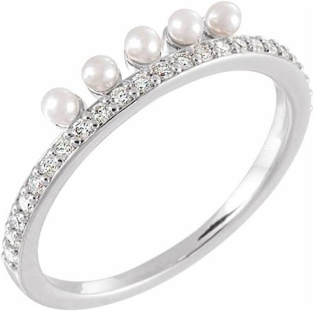 14k White Gold Pearl and Diamond Engagement Ring Size-7 - 7