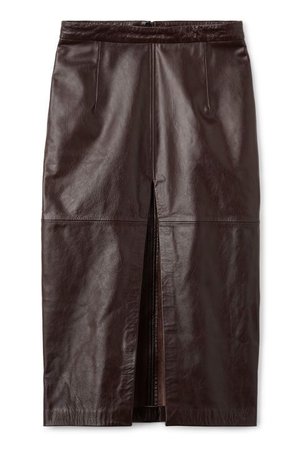 chocolate brown leather midi skirt