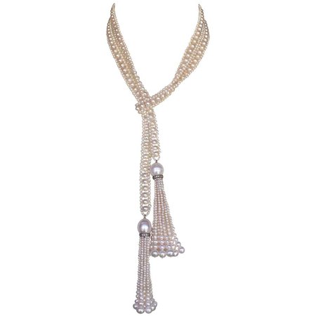 Marina J. Long Pearl Sautoir Necklace with Pearl and Diamond graduated Tassels For Sale at 1stdibs
