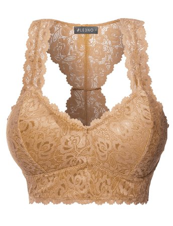 LE3NO Women's Sexy Floral Lace Racerback Padded Wireless Bralette Bra Top | LE3NO brown