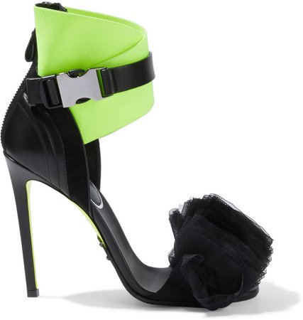 Isuare Leather, Suede, Ruffled Tulle And Organza Sandals