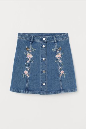 Denim Skirt with Embroidery - Denim blue - Ladies | H&M US