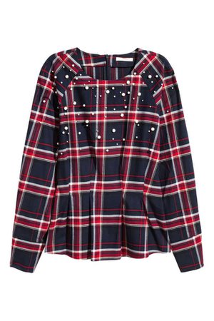 Beaded Flannel Blouse - Dark blue/Red checked - Ladies | H&M US